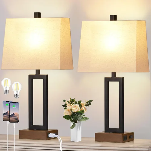Vista 8 de Rinweey Juego de 2 lámparas de mesa de 23.5 pulgadas, modernas lámparas de noche negras con 2 puertos USB y salida de CA, lámparas de mesita