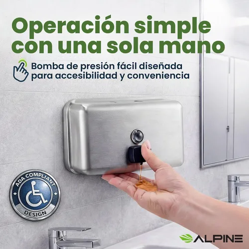 Vista 7 de Alpine Dispenser de jabón líquido manual, amurado, de acero inoxidable, 40 onzas de capacidad., Acero inoxidable, 1