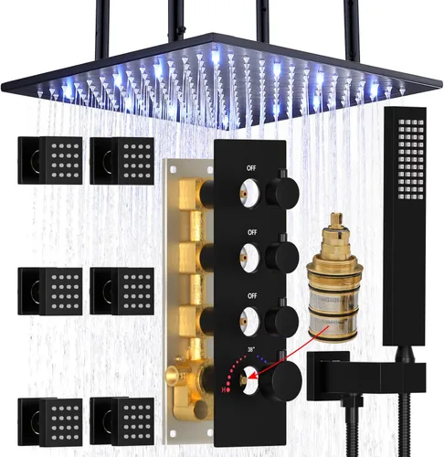 Vista 14 de HOMEDEC Sistema de ducha de lluvia LED de 16 pulgadas, válvula desviadora termostática de 3 vías con 6 pulverizadores corporales, todas las Negro
