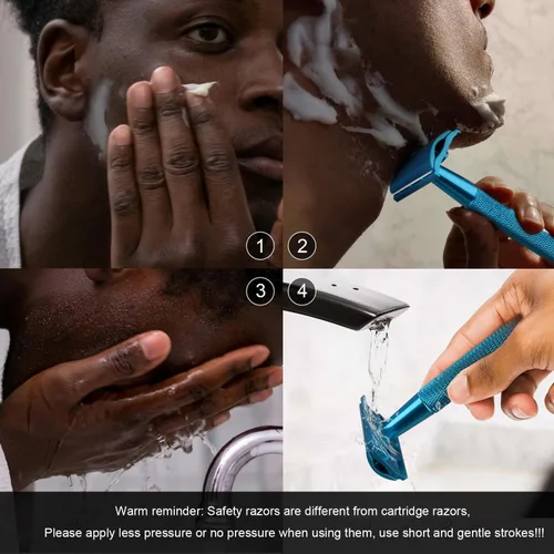 Vista 4 de Maquinilla de afeitar de seguridad azul, navajas de una sola hoja para hombres Reusable Metal Razor, with 10 Platinum Coated Double Edge Blades