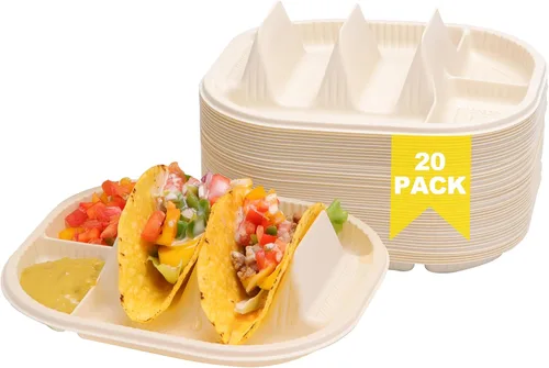 Vista 11 de Platos pequeños desechables para tacos con lados para mojar - Paquete de 100, porta tacos de almidón de maíz biodegradable, tamaño mini
