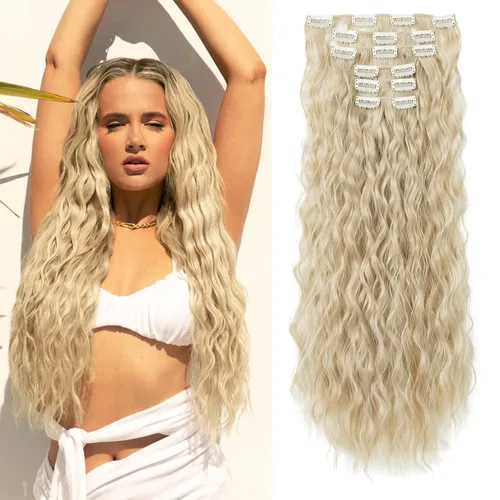 Vista 11 de Flufymooz - Extensiones de cabello con clip, 6 unidades, extensiones de cabello largas con ondas de sirena, sintético, postizo para mujer, 24 Marrón