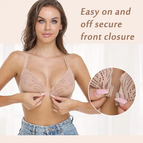 Vista 2 de DotVol Sujetador de cierre frontal para mujer, parte trasera en T, figura completa, con aros, talla grande, sin costuras, sin forro, para busto