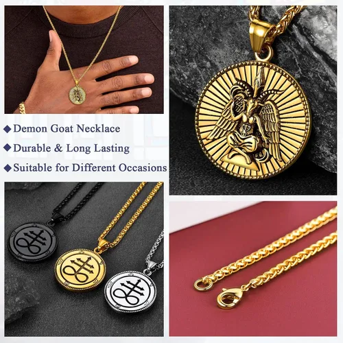 Vista 6 de FaithHeart Leviathan Satanic Brimstone Cross Necklace, Gold Plated Stainless Steel Satan Church Jewelry, Alchemical Symbol for Brimstone Pendant