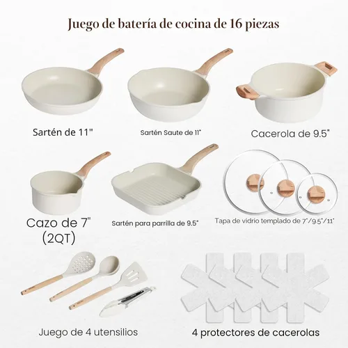 Vista 3 de Kikcoin Juego de 16 Piezas de Ollas y Sartenes Antiadherentes de Cerámica, Juegos de Utensilios de Cocina de Inducción, No Tóxico, Saludable