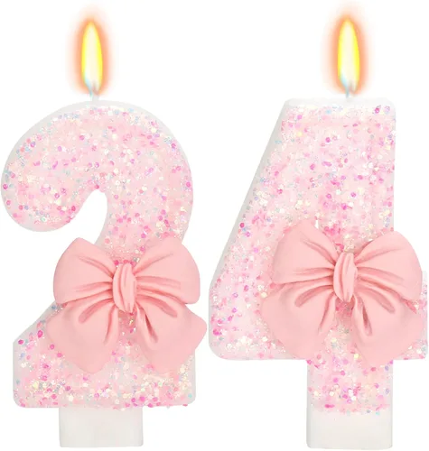 Vista 8 de Vela de cumpleaños para pastel, vela 0 - purpurina rosa con lazo, vela de feliz cumpleaños de 2.76 pulgadas, adorno superior de pastel para fiestas