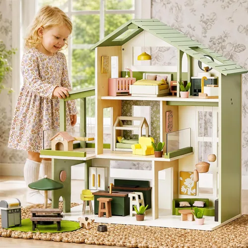 Vista 10 de Tiny Land Casa de muñecas, casa de muñecas familiar moderna con diseño realista, casa de muñecas de madera con muebles de 53 piezas, regalo ideal
