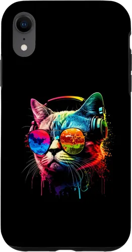 Vista 8 de Funda divertida para iPhone 15 DJ Cat con gafas de sol, auriculares y música