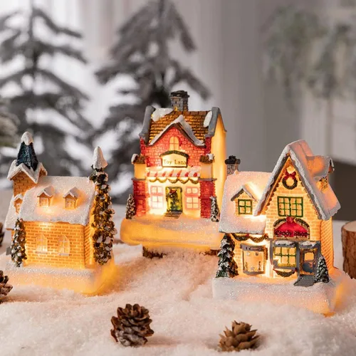 Vista 3 de Casa iluminada de pueblo de Navidad, casas de pueblo de Navidad iluminadas con LED, Navidad, invierno, aldea de nieve, casa iluminada, decoración