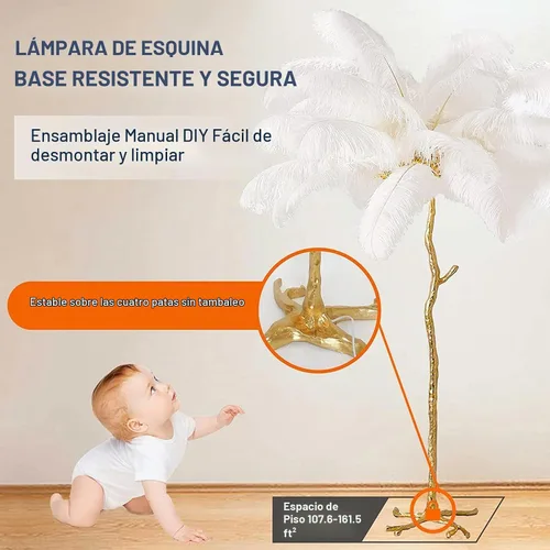 Vista 5 de Lámpara de Pie Natural de Pluma de Avestruz, Lámpara de Pie LED Moderna Regulable, Lámpara de Rincón Romántica de Princesa para Dormitorio de Blanco