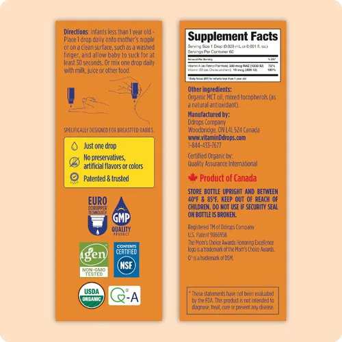 Vista 3 de Ddrops® Vitaminas líquidas orgánicas para bebés A&D gotas para bebés, 60 gotas. Apoya la salud ocular de los bebés, el desarrollo óseo y la función