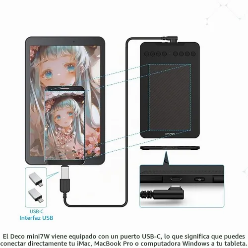 Vista 7 de Tableta de Dibujo Inalámbrica XPPen Deco mini7W Tableta Gráfica Tableta con Lápiz con 8192 Niveles de Presión, Tableta de Artista de 7 x 4 pulgadas
