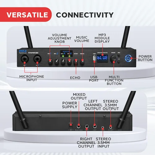 Vista 5 de Sistema de micrófono inalámbrico digital Pyle con Bluetooth - Incluye 2 micrófonos de mano UHF dinámicos, receptor portátil de largo alcance