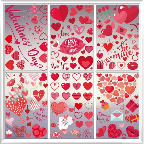 Vista 2 de 9 hojas de calcomanías para ventana del día de San Valentín, calcomanías de doble cara para ventana, diseño de labios rojos con corazón rosa