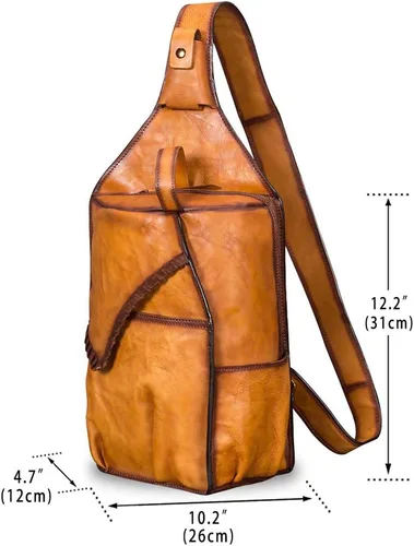 Vista 4 de Bolso bandolera de cuero genuino para hombres y mujeres vintage grande mochila bandolera bandolera bandolera bolsa de pecho para iPad