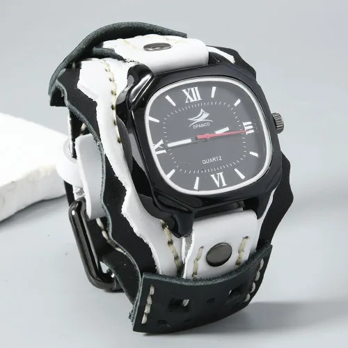 Vista 2 de MINILUJIA Relojes hechos a mano para hombre con cuerda de cera cosida, estilo vintage, punk, hip-hop, gótico, ancho, de cuero genuino, suave, reloj