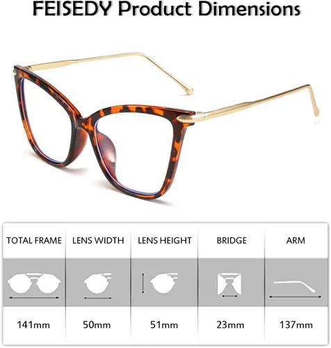 Vista 6 de FEISEDY Marco de gafas de ojo de gato de gran tamaño con lentes transparentes para mujer, B2460