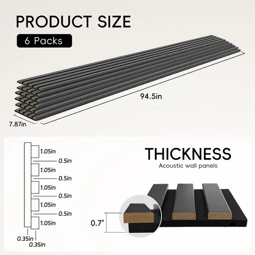 Vista 2 de EVERECO Paquete de 6 paneles de madera para pared de 94.5 x 7.87 pulgadas, paneles acústicos de listones de pared insonorizados, paneles de pared 3D