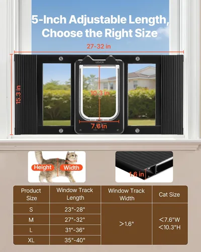 Vista 2 de VEVOR Puerta de gato para ventana, ajustable para adaptarse a un ancho de ventana de 27 a 32 pulgadas, 4 modos de bloqueo seguro, marco de aluminio