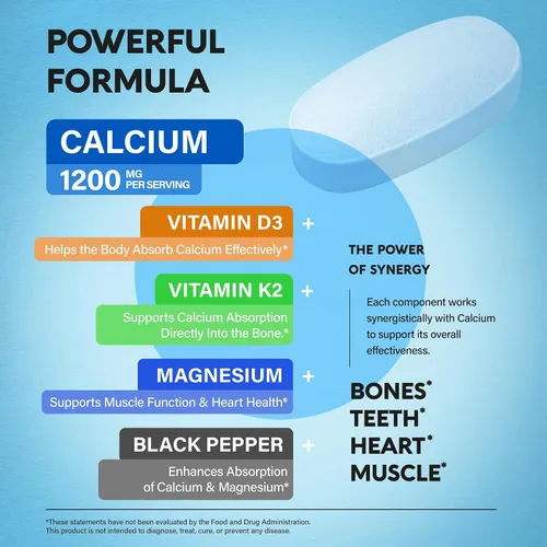 Vista 6 de Calcio 1200 mg con vitamina D3 - Suplementos de citrato de calcio para mujeres y hombres - Salud ósea, fuerza y densidad - Alta absorción