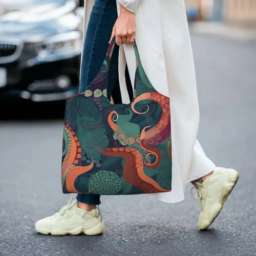 Vista 3 de Bolsas de lona con estampado abstracto de pulpo, bolsa de playa grande, bolsa de hombro de lona, bolsas de compras reutilizables