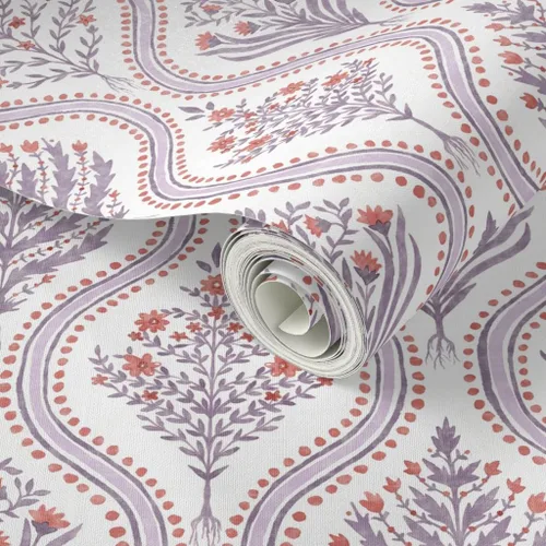 Vista 2 de Despegar y pegar papel tapiz Muestra, damasco botánico, elegante, jardín, lila, rojo quemado, escala media, Grandmillenial Ogee Papel pintado