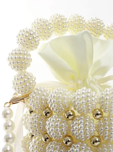 Vista 5 de YIFEI Bolsos hechos a mano con cuentas pequeñas perlas para mujer, con cadena desmontable, para fiesta de boda, Blanco