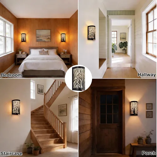 Vista 9 de Juego de 2 apliques de pared rústicos industriales de granja, ramas de árbol de metal con cableado, lámparas de pared vintage con pantallas