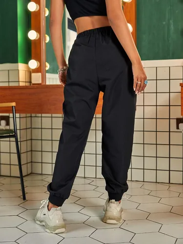 Vista 2 de SOLY HUX Pantalones deportivos de cintura alta elásticos para mujer Negro