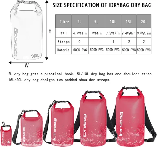 Vista 3 de IDRYBAG Bolsa seca transparente impermeable 2L/5L/10L/15L/20L, pequeña bolsa impermeable para kayak