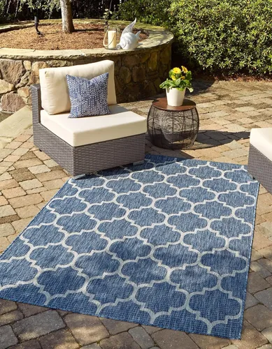Vista 72 de Unique Loom Outdoor Trellis Collection Alfombra de Área (5' 1" x 8' Oval, Aguamarina/Gris)