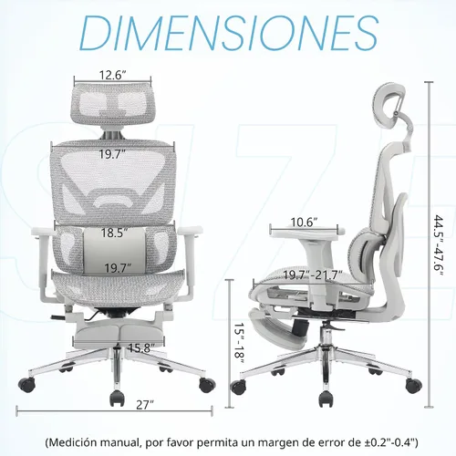 Vista 2 de Silla de oficina ergonómica con reposapiés y soporte lumbar Gris