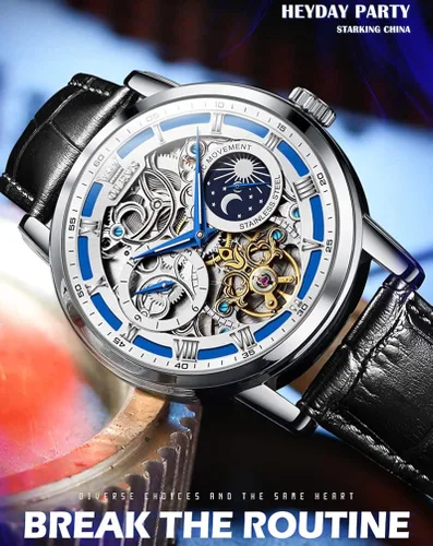 Vista 5 de OLEVS Relojes automáticos para hombre, esqueleto Tourbillon, cuerda automática, mecánica, correa de cuero auténtico, reloj de pulsera de lujo, sol