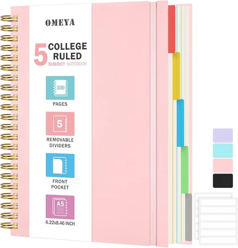 Vista 10 de Cuaderno de Espiral 8.5" x 11", Cuadernos de 5 Materias con Rayas Universitarias con Divisores Removibles, 300 Páginas 100GSM Diario de Escritura