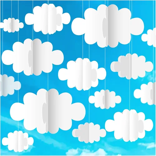 Vista 8 de 16 piezas de decoración de nube en 3D, nubes colgantes azules y gotas de lluvia para decoración de techo colgante para fiestas, guardería