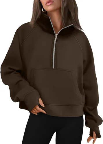 Vista 25 de AUTOMET Sudaderas con media cremallera para mujer, sudadera corta de vellón con cremallera de un cuarto, sudaderas con capucha para el otoño, a