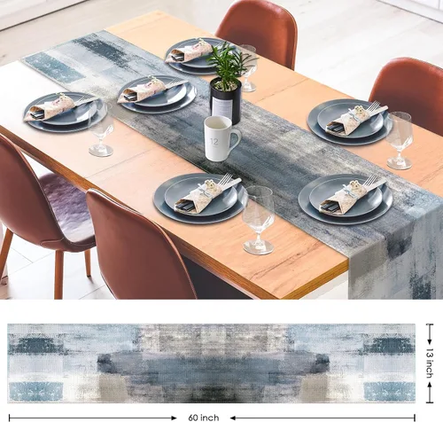 Vista 2 de Emvency - Camino de mesa de estilo granja, pintura de arte abstracto vintage en azul y gris para mesa de cocina, cenas familiares, fiestas, bodas