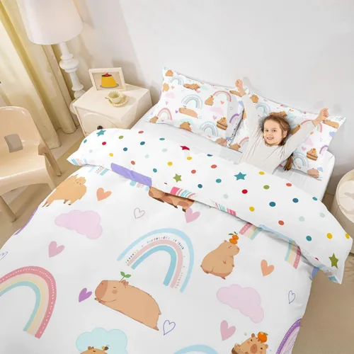 Vista 12 de Erosebridal Capybara - Juego de funda de edredón para dormitorio, 2 piezas, diseño de arco iris, tamaño individual, para niñas, funda de edredón