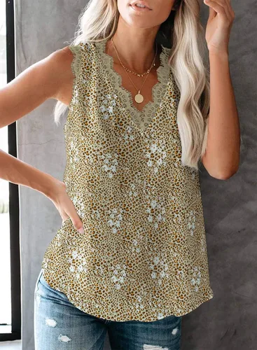 Vista 139 de VIISHOW - Camiseta sin mangas, sexy, con cuello en V y bordes de encaje para mujer, camisola de vestir, camisas de gasa, sin mangas, casuales