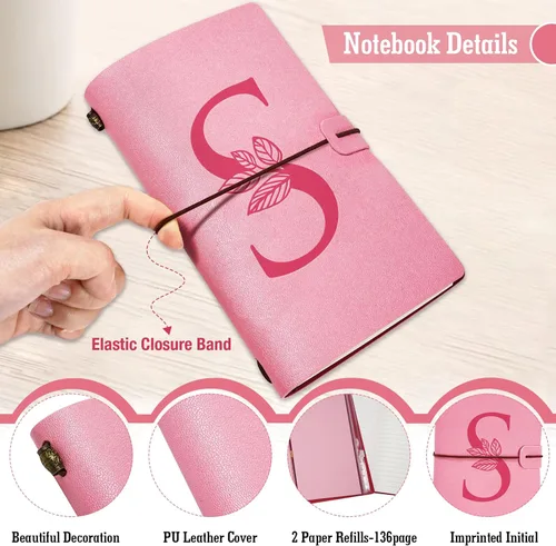 Vista 2 de Diario personalizado para regalo, diario de cuero con inicial rosa + juego de bolígrafo de corazón de diamante, cuaderno de viaje, bloc de notas