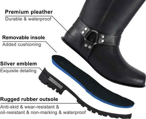 Vista 2 de Dream Apparel Botas de motocicleta con arnés de 11 pulgadas para hombre, botas de motociclista con punta cuadrada, botas de motociclista