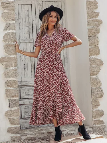 Vista 2 de PRETTYGARDEN - Vestido largo de verano cruzado para mujer, con cuello en V, estilo bohemio, floral, manga corta, dobladillo con volantes