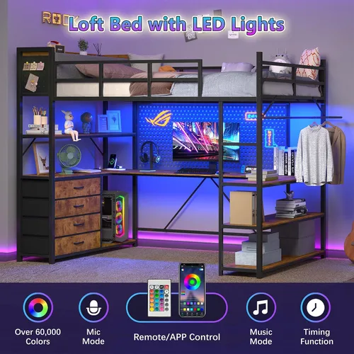 Vista 3 de Cama elevada de tamaño individual con almacenamiento y cabecero tapizado, estructura de cama elevada de metal con escritorio en forma de U y luces