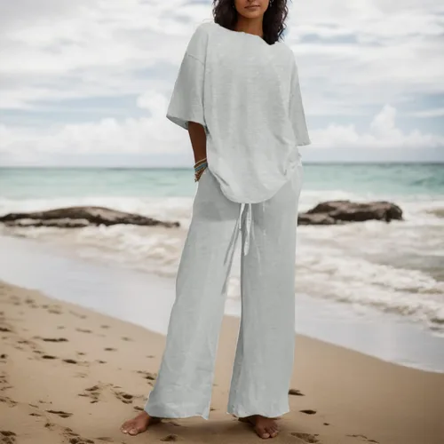 Vista 4 de Conjunto de 2 piezas para mujer, ropa de verano de lino de manga 34, holgada, color sólido, cordón ajustable, pierna ancha, pantalones largos
