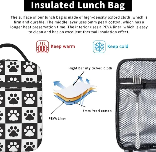 Vista 6 de Lonchera con diseño de pata de perro en blanco y negro, portátil, reutilizable, con cremallera, para picnic diario, trabajo, oficina, viajes Patas