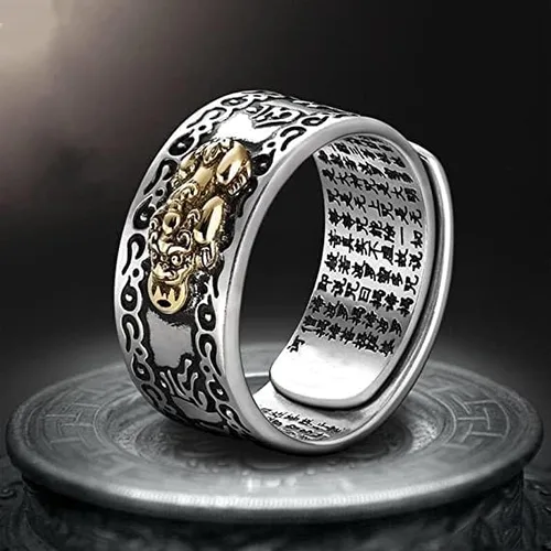 Vista 6 de Feng Shui Pixiu Mantra Ring, 2 anillos Feng Shui para hombres y mujeres, Feng Shui Pixiu Mani Mantra Protection Ring, Feng Shui Ring para riqueza