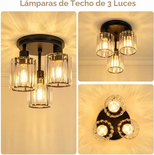 Vista 6 de ROTTOGOON Lámpara de techo semiempotrada de cristal, 3 lámparas modernas cerca del techo, lámpara de cocina negra con pantalla de cristal, lámpara
