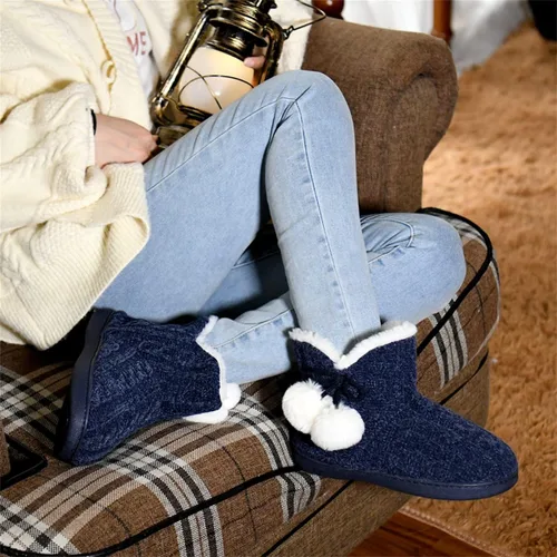 Vista 3 de DL Pantuflas de mujer cálidas para el hogar, esponjosas y lindas para el invierno, cómodas botas de espuma viscoelástica de punto trenzado, botas
