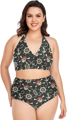 Vista 16 de Bikini de 2 piezas para mujer, talla grande, cintura alta, cuello halter, fruncido, control de abdomen Murciélagos Cruces Estrellas