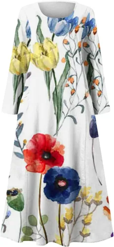 Vista 4 de Vestido Floral Mujer Tie Dye Bolsillos degradados Maxi Vestidos Cuello Redondo Dobladillo fluido Vestido de Fiesta